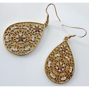 Francesca's Earrings Gold Tone Filigree Rhinestone Teardrop Fish Hook Dangle